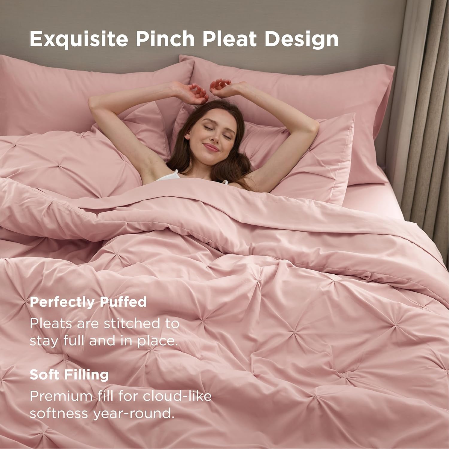 King Size Comforter Set Pink - Bed in a Bag King Size 7 Pieces, Gentlesoft™ Pintuck Bed Set Gift for Family, Pinch Pleat Pink Comforter with Sheets, Pillowcases & Shams
