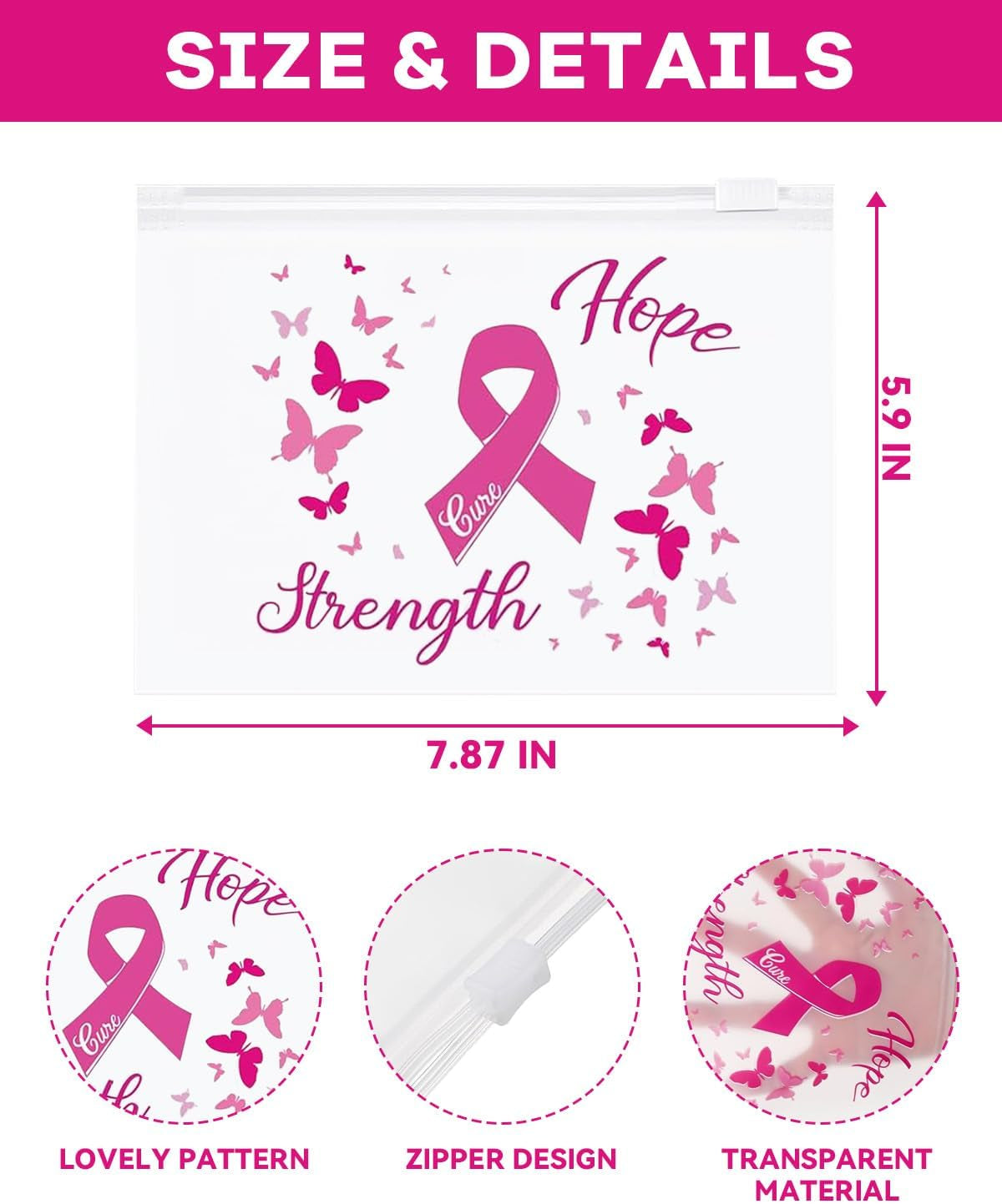 60 Pcs Breast Cancer Awareness Makeup Bags Set, Waterproof EVA Travel Toiletry Bags with Pink Ribbon Design, Strength, Cure, Hope, Perfect for Women and Girls, Cancer Survivor and Charity Party Gifts