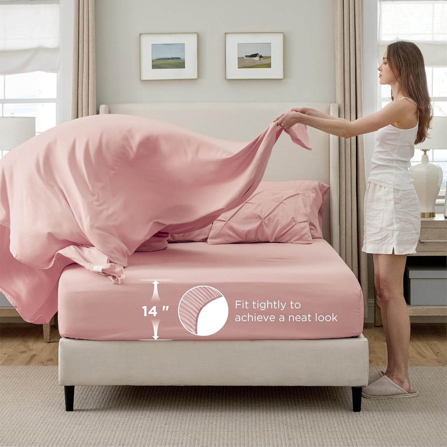 King Size Comforter Set Pink - Bed in a Bag King Size 7 Pieces, Gentlesoft™ Pintuck Bed Set Gift for Family, Pinch Pleat Pink Comforter with Sheets, Pillowcases & Shams