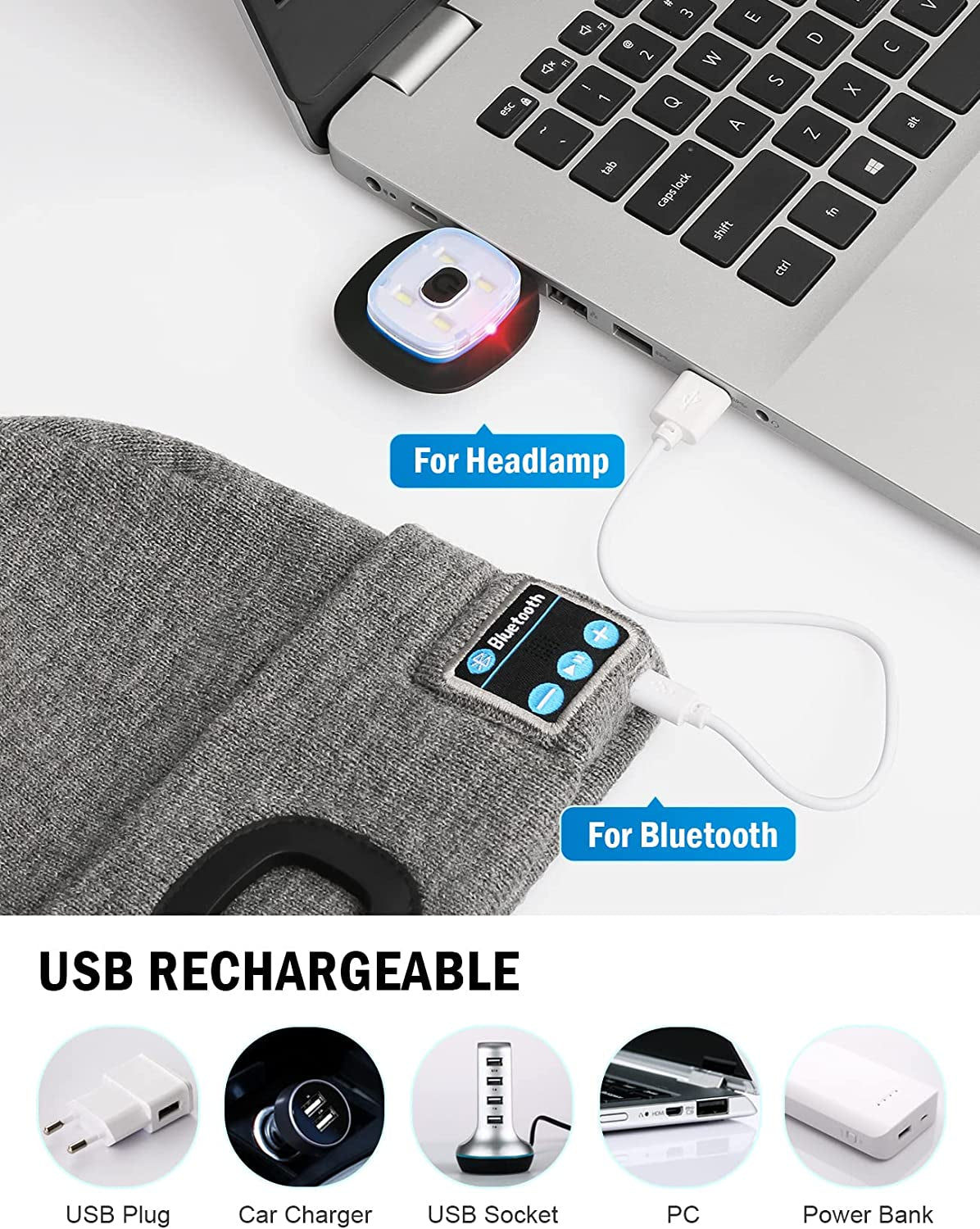 Bluetooth Beanie with a Light, Unisex USB Rechargeable 4 LED Fashlight Hat with Cordless Headphones, Unique Christmas Birthday Gifts for Men Him Husband Teen Pink