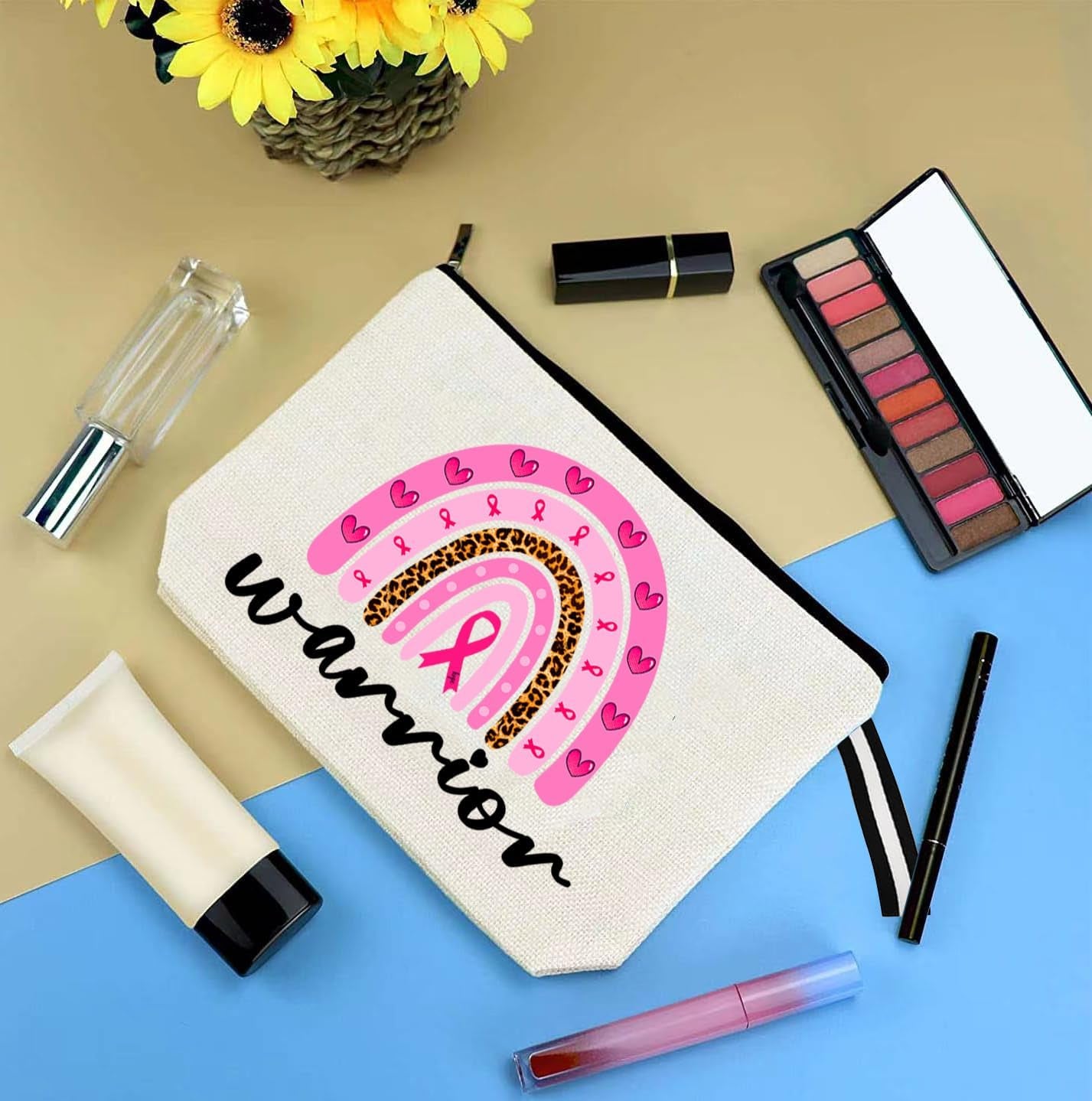 Rainbow Makeup Bag for Cancer Fighter Cancer Awareness Cosmetic Bag for Warrior Pink Ribbon Gift Cancer Fighter Survivor Cosmetic Bag Travel Toiletry Bag Portable Cosmetic Pouch for Cancer Warrior