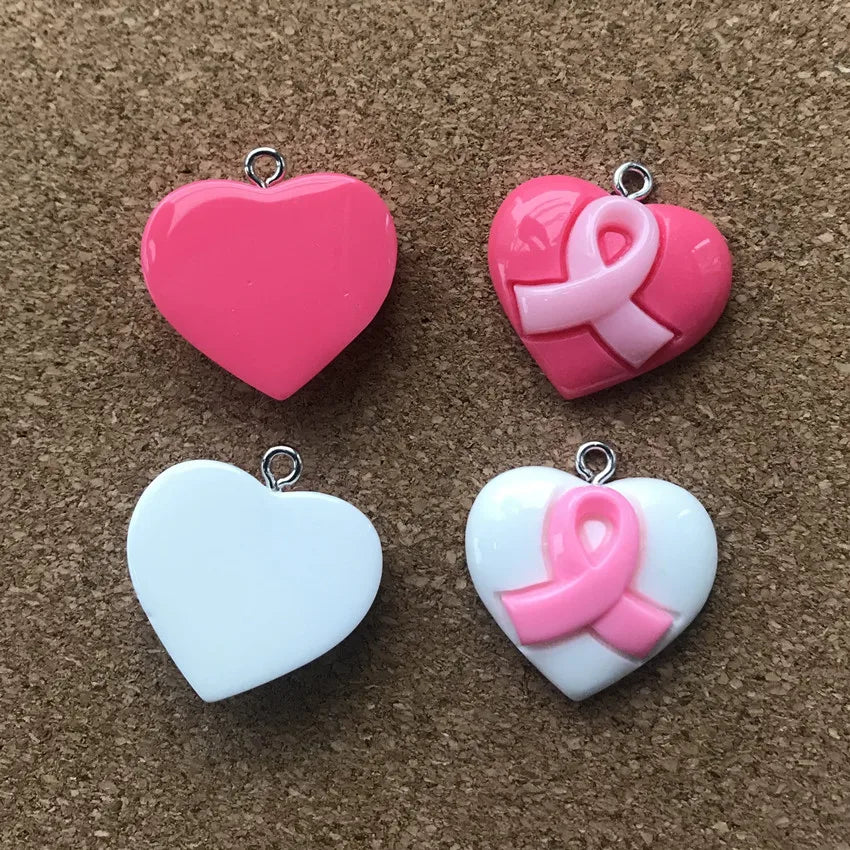 20Pcs/Lot 23Mm*20Mm Resin Fatback Heart with Breast Cancer Ribbon Hope Accessories Jewelry Diy Necklace/Bracel