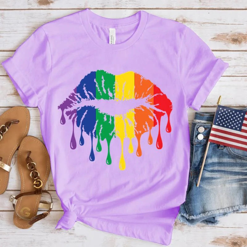 Funny Lgbt Pride Rainbow Lips Print T-Shirt Summer Casual Graphic T Shirt Women Men Short Sleeve round Neck Shirts