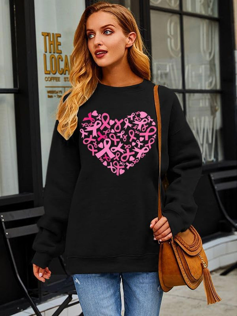 Breast Cancer Awareness Sweatshirt Women Pink Ribbon Heart Graphic Shirt Casual Long Sleeve Pullover Blouse