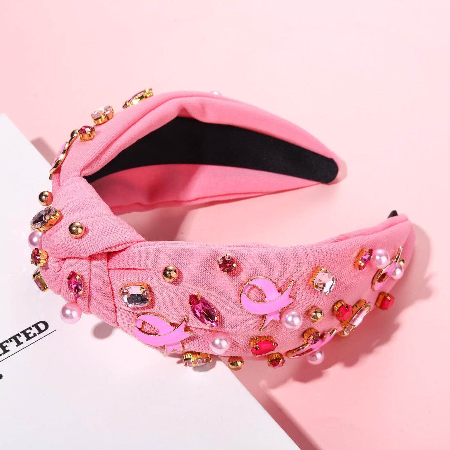 Pink Knotted Headband Sparkly Rhinestone Breast Cancer Awareness Knot Headband Crystal Jeweled Pink Ribbon Fright Beaded Twist Hairband Headpiece Breast Cancer Awareness Hair Accessories Gift For