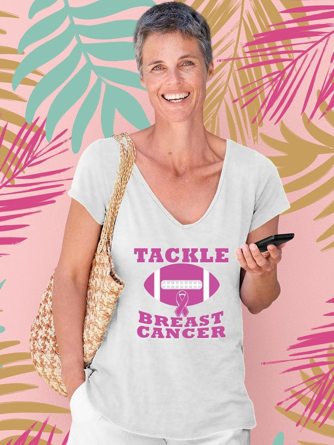 Tackle Breast Cancer V Neck Shirts October Awareness Family Support Gift for Women V-Neck