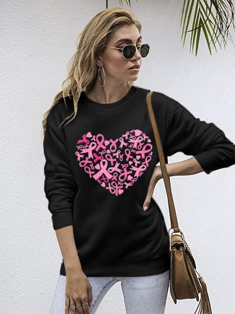 Breast Cancer Awareness Sweatshirt Women Pink Ribbon Heart Graphic Shirt Casual Long Sleeve Pullover Blouse