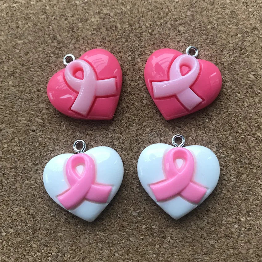 20Pcs/Lot 23Mm*20Mm Resin Fatback Heart with Breast Cancer Ribbon Hope Accessories Jewelry Diy Necklace/Bracel