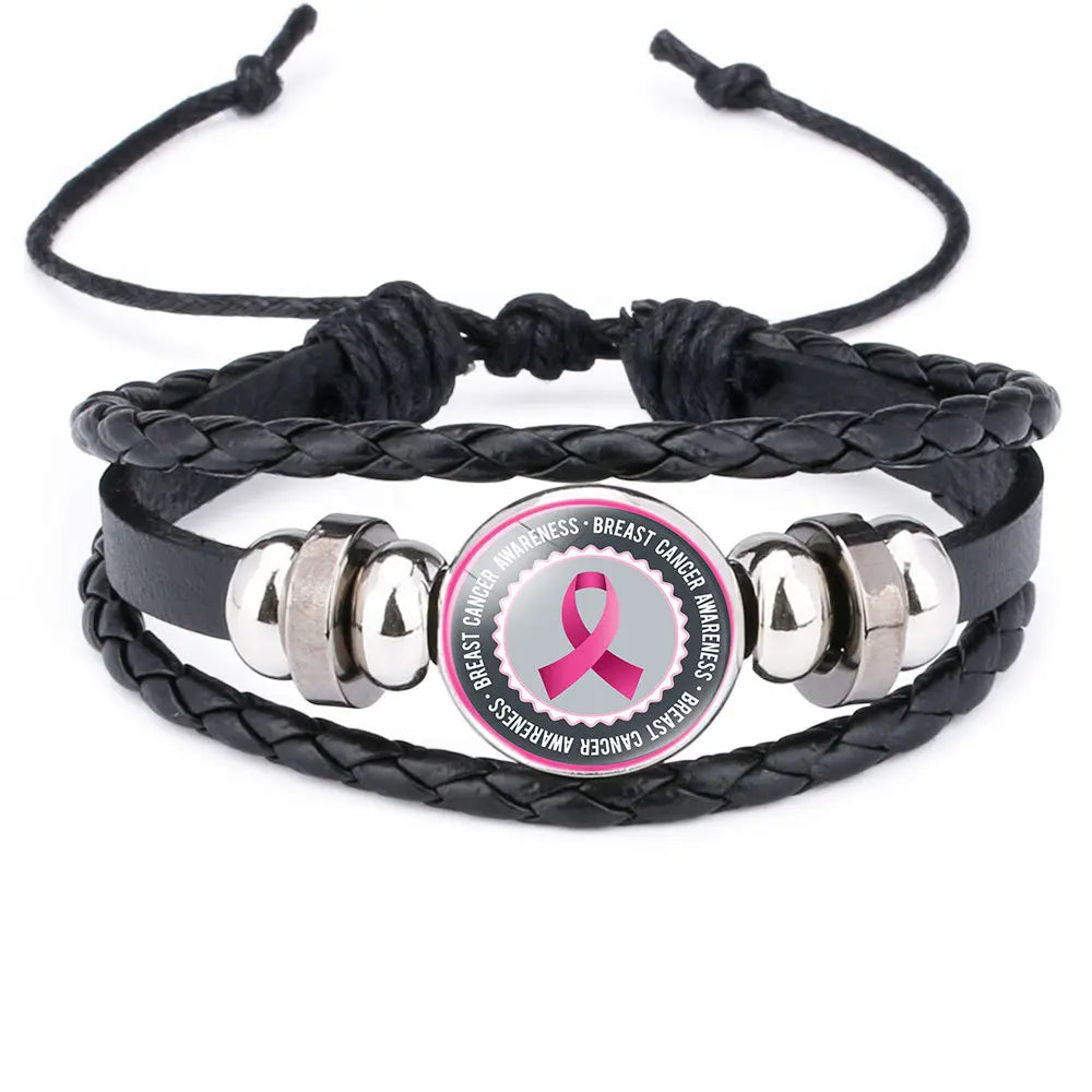 Breast Cancer Awareness Hope Bracelet for Women Pink Ribbon Charm Braided Leather Rope Wrap Bangle Fashion Handmade Jewelry