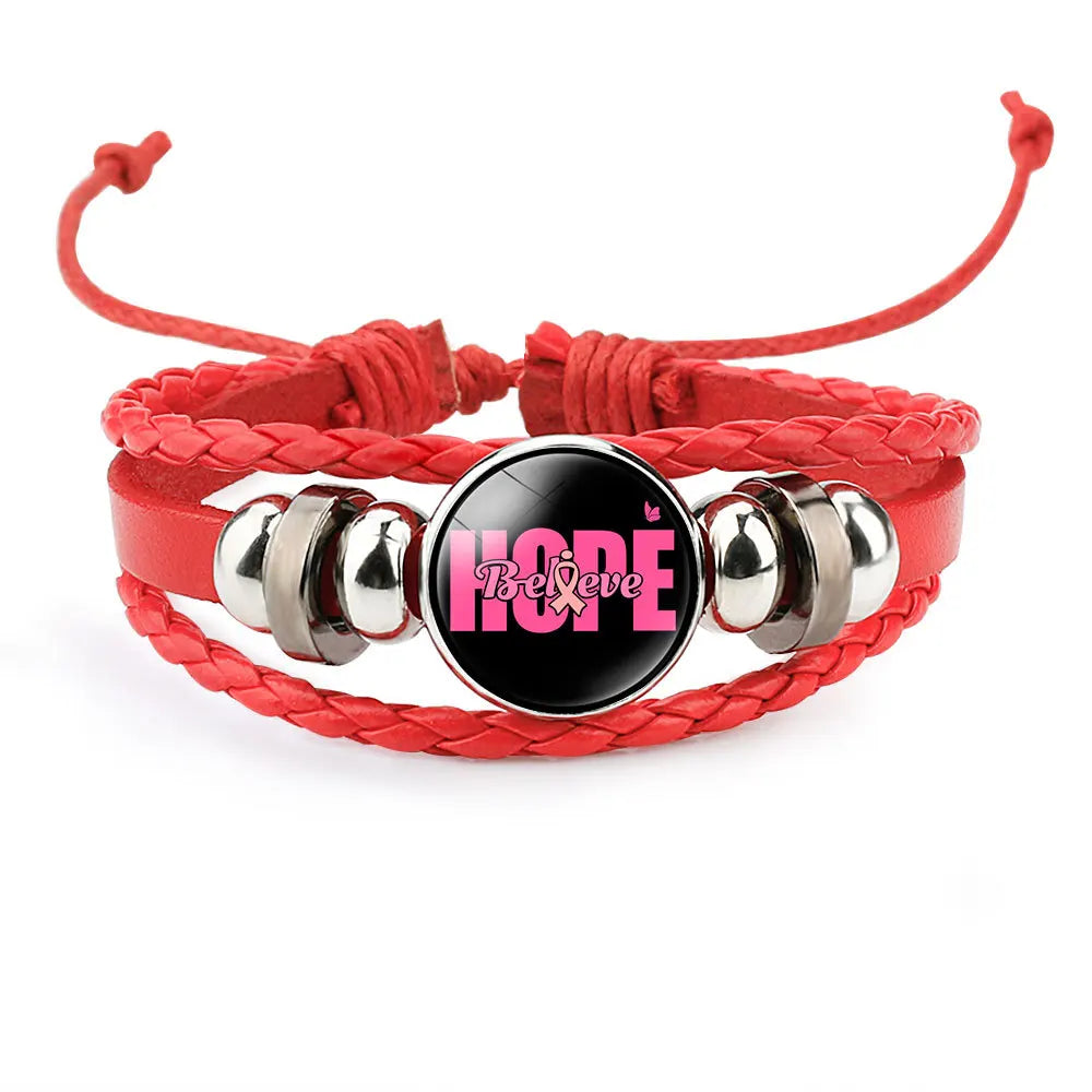 Breast Cancer Awareness Hope Bracelet for Women Pink Ribbon Charm Braided Leather Rope Wrap Bangle Fashion Handmade Jewelry