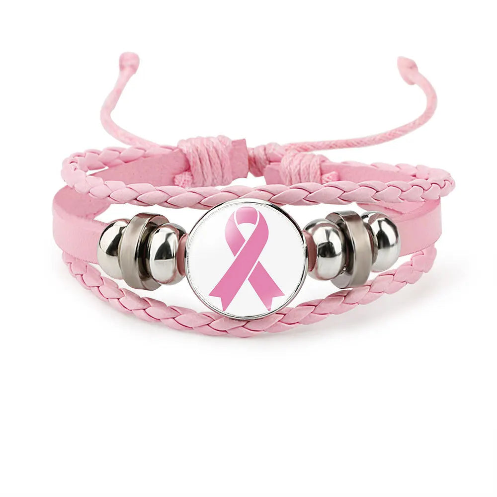 Breast Cancer Awareness Hope Bracelet for Women Pink Ribbon Charm Braided Leather Rope Wrap Bangle Fashion Handmade Jewelry