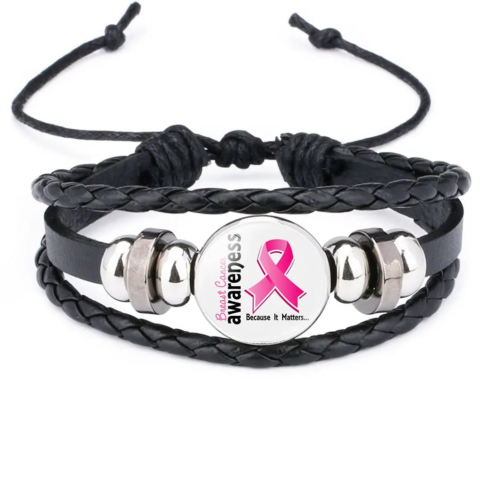 Breast Cancer Awareness Hope Bracelet for Women Pink Ribbon Charm Braided Leather Rope Wrap Bangle Fashion Handmade Jewelry
