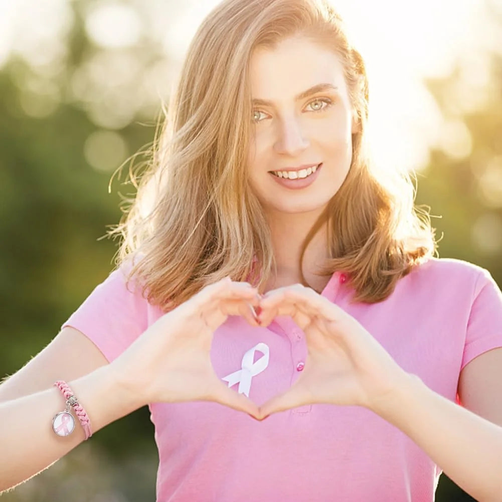 12Pcs Pink Ribbon Bracelets Breast Cancer Awareness Glass Charms Bracelet Adjustable Bracelet for Women Breast Cancer Awareness Month Accessories Gifts