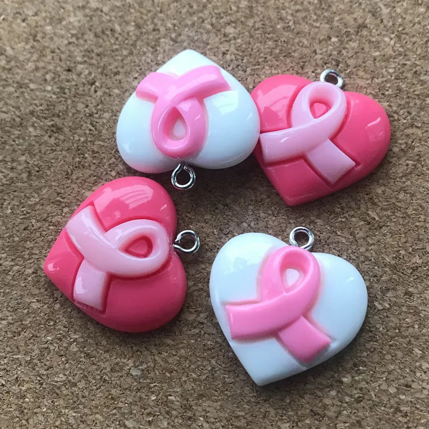 20Pcs/Lot 23Mm*20Mm Resin Fatback Heart with Breast Cancer Ribbon Hope Accessories Jewelry Diy Necklace/Bracel