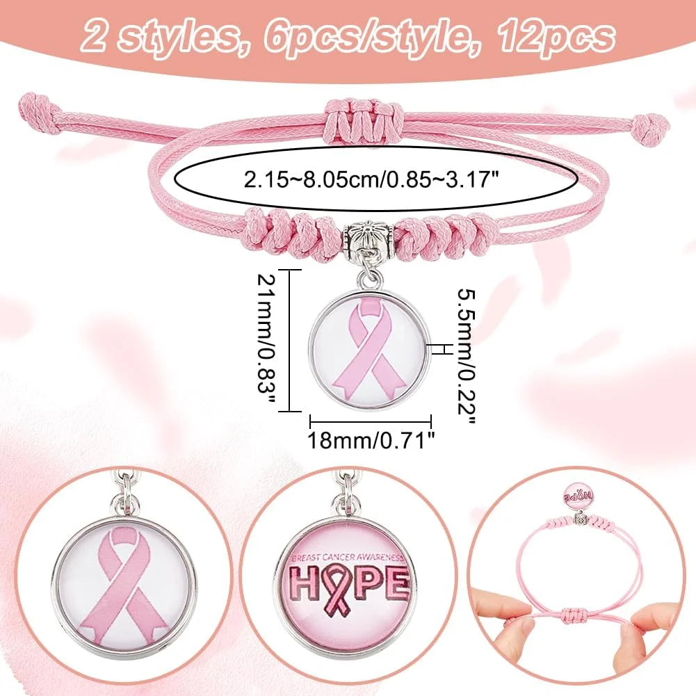 12Pcs Pink Ribbon Bracelets Breast Cancer Awareness Glass Charms Bracelet Adjustable Bracelet for Women Breast Cancer Awareness Month Accessories Gifts