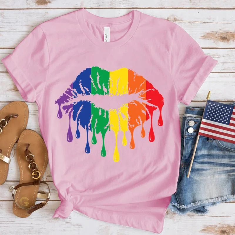 Funny Lgbt Pride Rainbow Lips Print T-Shirt Summer Casual Graphic T Shirt Women Men Short Sleeve round Neck Shirts