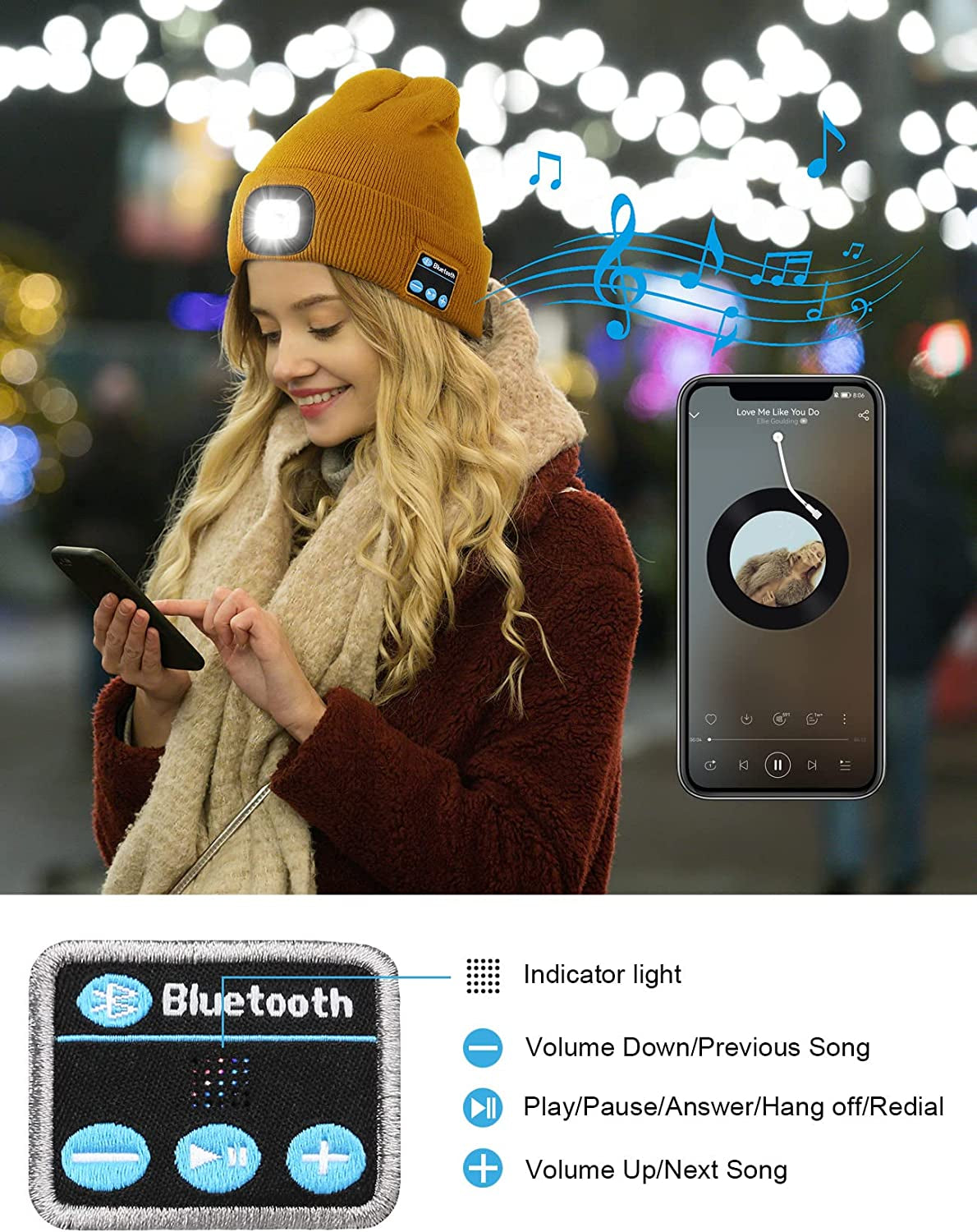 Bluetooth Beanie with a Light, Unisex USB Rechargeable 4 LED Fashlight Hat with Cordless Headphones, Unique Christmas Birthday Gifts for Men Him Husband Teen Pink