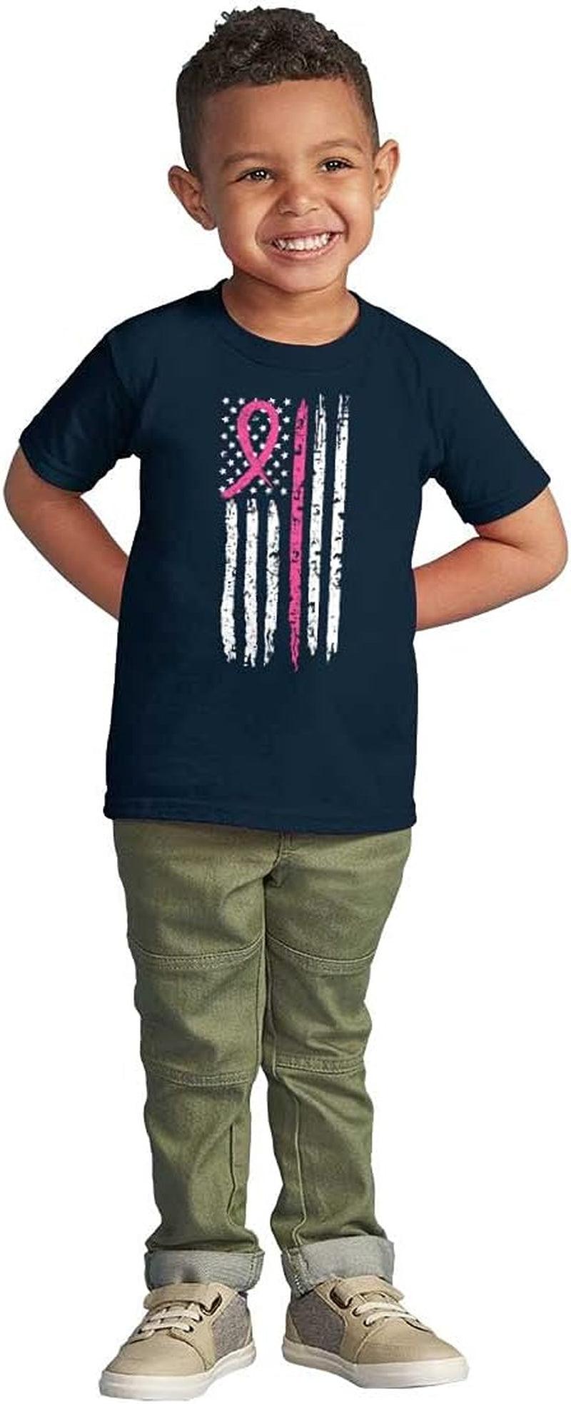 Breast Cancer Pink Line American Flag Toddler Boy Girl T Shirt