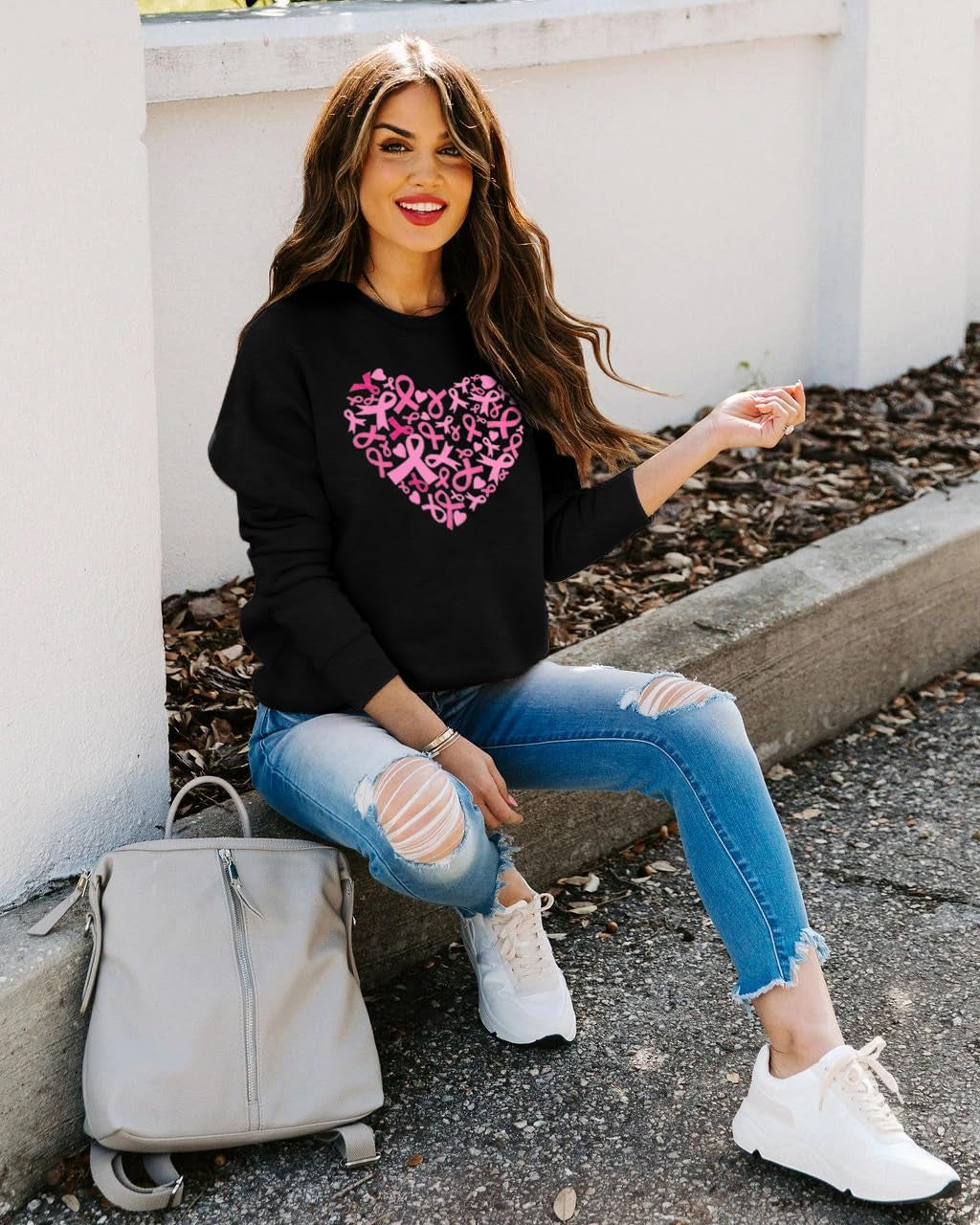 Breast Cancer Awareness Sweatshirt Women Pink Ribbon Heart Graphic Shirt Casual Long Sleeve Pullover Blouse