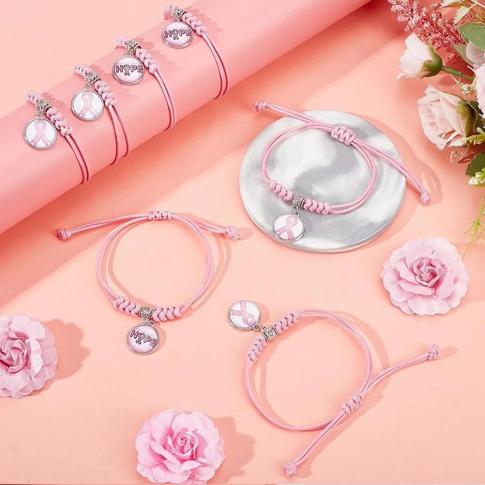 12Pcs Pink Ribbon Bracelets Breast Cancer Awareness Glass Charms Bracelet Adjustable Bracelet for Women Breast Cancer Awareness Month Accessories Gifts