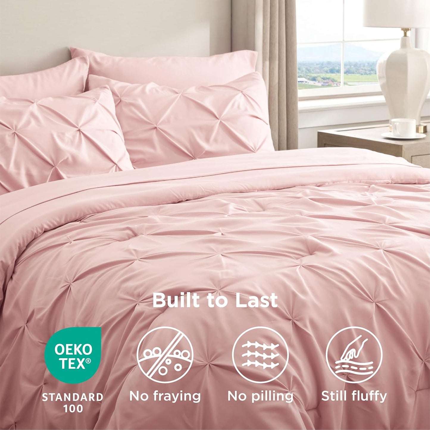 King Size Comforter Set Pink - Bed in a Bag King Size 7 Pieces, Gentlesoft™ Pintuck Bed Set Gift for Family, Pinch Pleat Pink Comforter with Sheets, Pillowcases & Shams