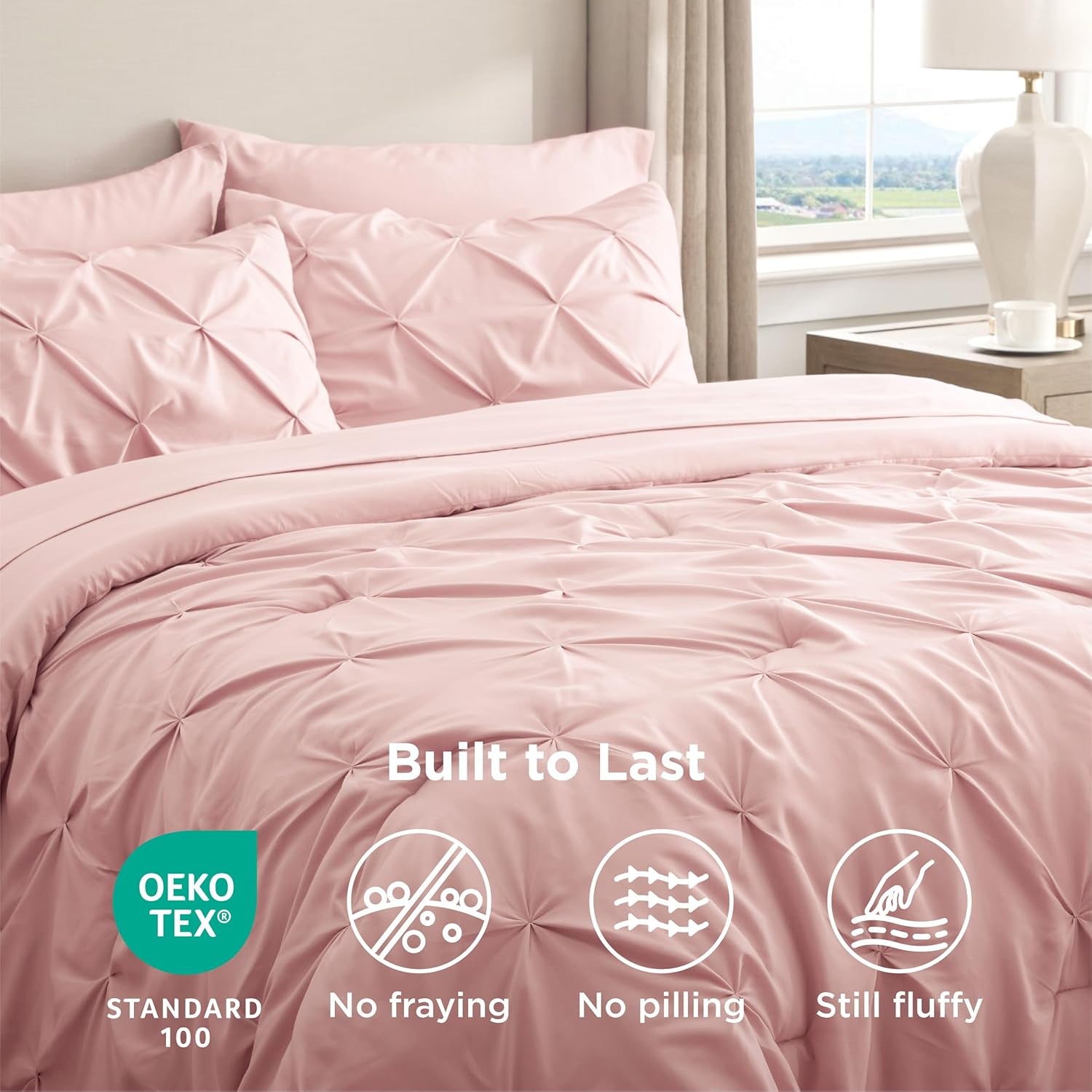 King Size Comforter Set Pink - Bed in a Bag King Size 7 Pieces, Gentlesoft™ Pintuck Bed Set Gift for Family, Pinch Pleat Pink Comforter with Sheets, Pillowcases & Shams