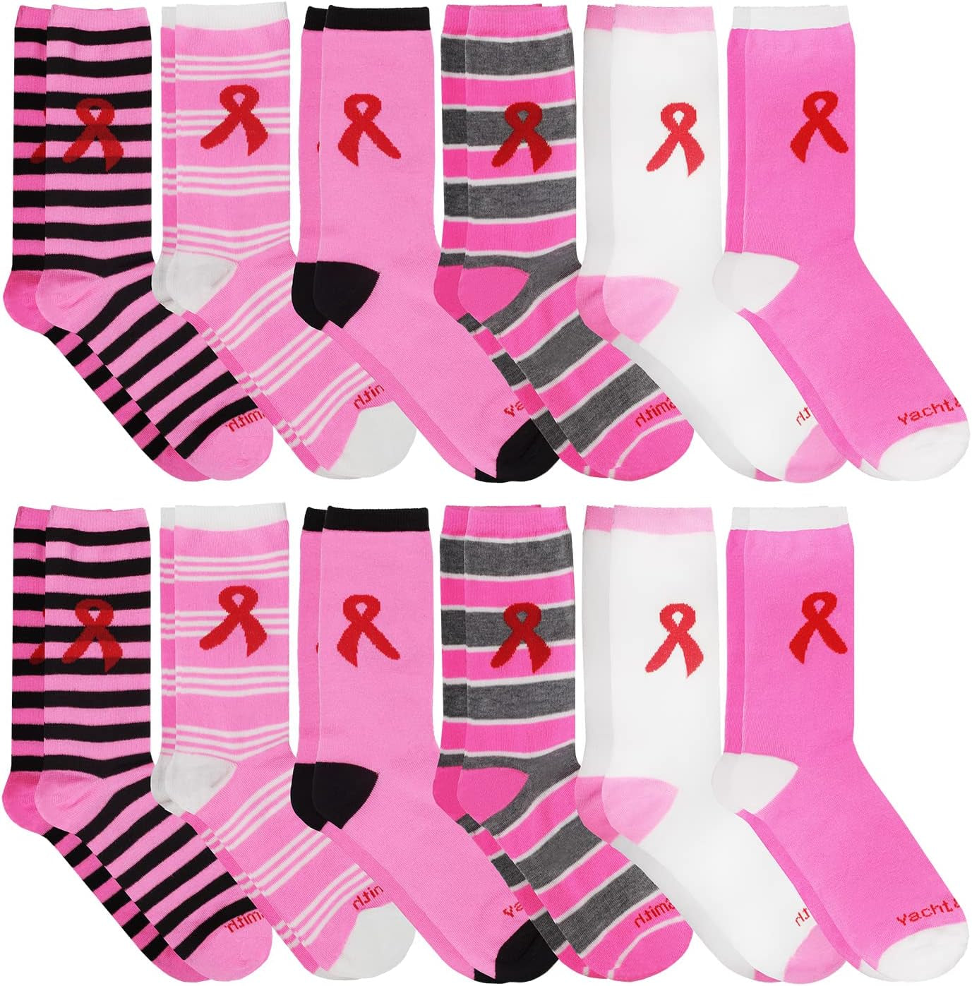 12 Pack Pink Ribbon Breast Cancer Awareness Ankle/Crew Socks for Women