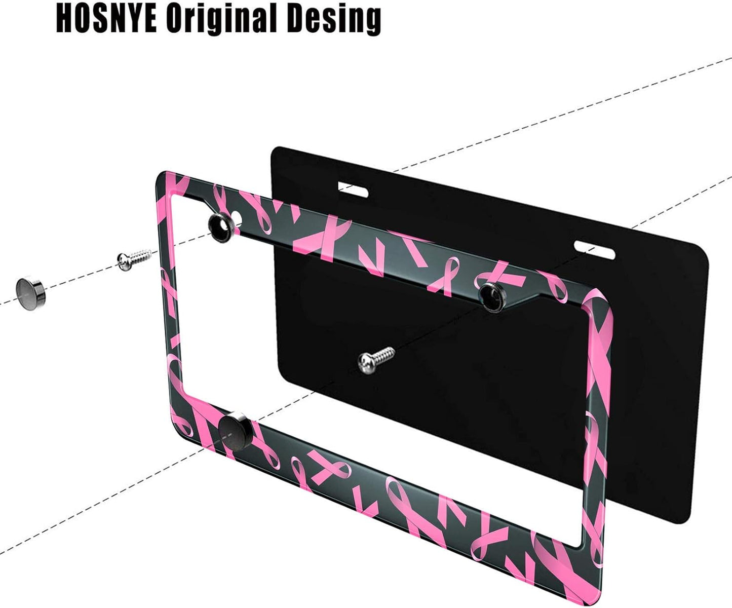 Pink Ribbon License Plate Frame Breast Cancer Awareness Metal License Plate Cover Front Plates Frames Car Tag Frame for Women Men US Vehicles Standard