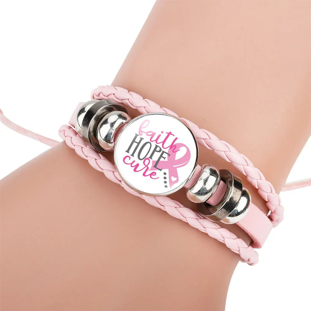 Breast Cancer Awareness Hope Bracelet for Women Pink Ribbon Charm Braided Leather Rope Wrap Bangle Fashion Handmade Jewelry