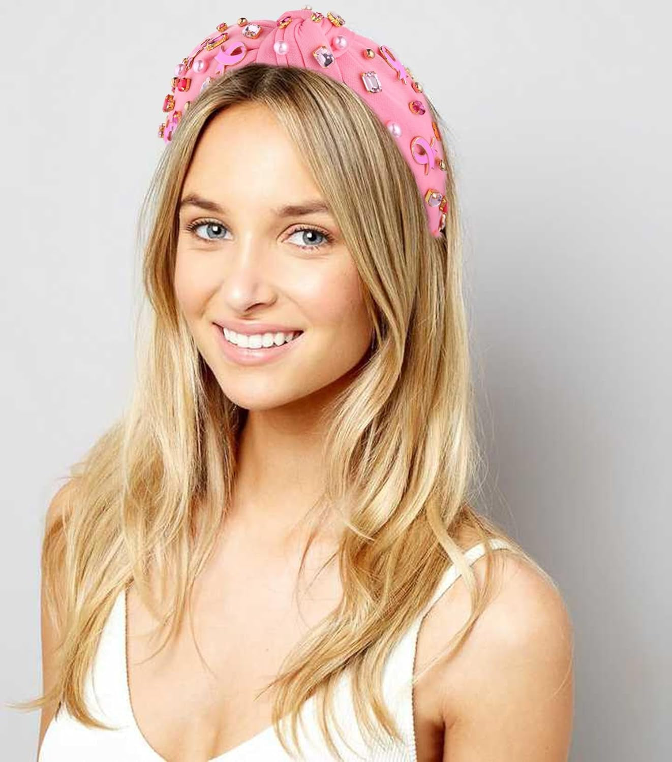 Pink Knotted Headband Sparkly Rhinestone Breast Cancer Awareness Knot Headband Crystal Jeweled Pink Ribbon Fright Beaded Twist Hairband Headpiece Breast Cancer Awareness Hair Accessories Gift For