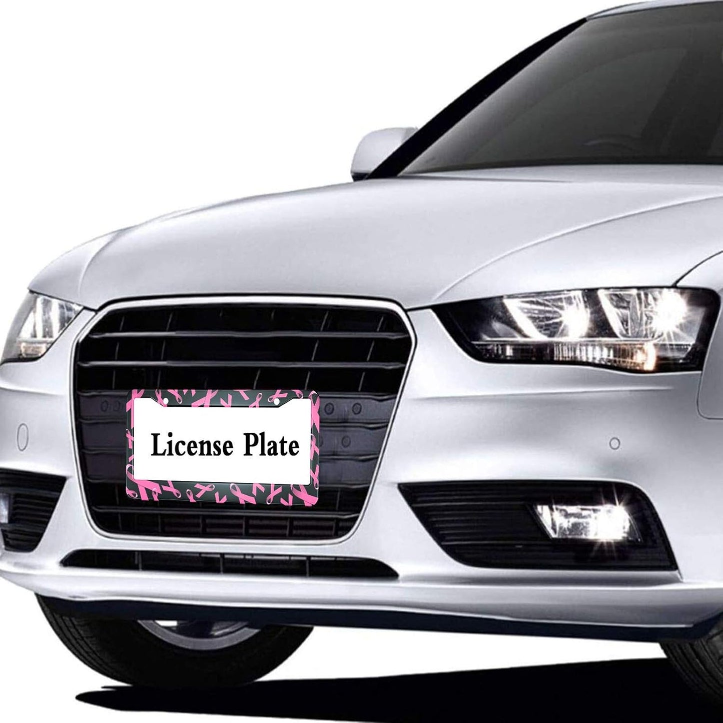 Pink Ribbon License Plate Frame Breast Cancer Awareness Metal License Plate Cover Front Plates Frames Car Tag Frame for Women Men US Vehicles Standard
