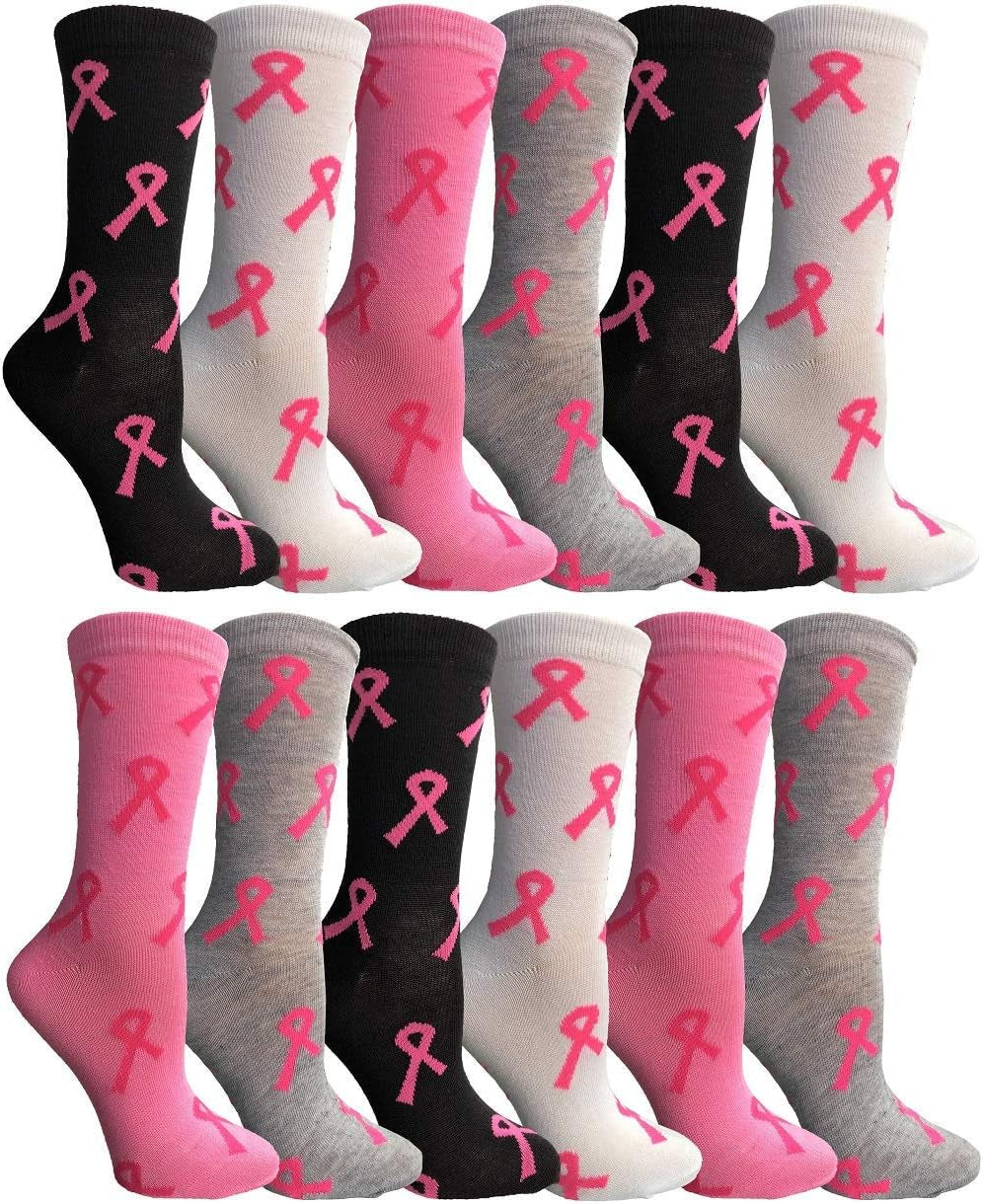 12 Pairs of Pink Ribbon Breast Cancer Awareness Ankle/Crew Socks for Women (12 Pairs Assorted (Crew) Women (9-11))