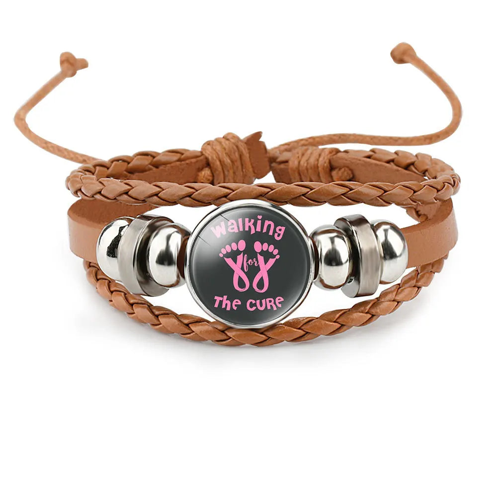 Breast Cancer Awareness Hope Bracelet for Women Pink Ribbon Charm Braided Leather Rope Wrap Bangle Fashion Handmade Jewelry