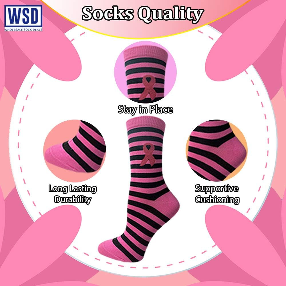 60 Pairs of Pink Ribbon Breast Cancer Awareness Ankle/Crew Socks for Women
