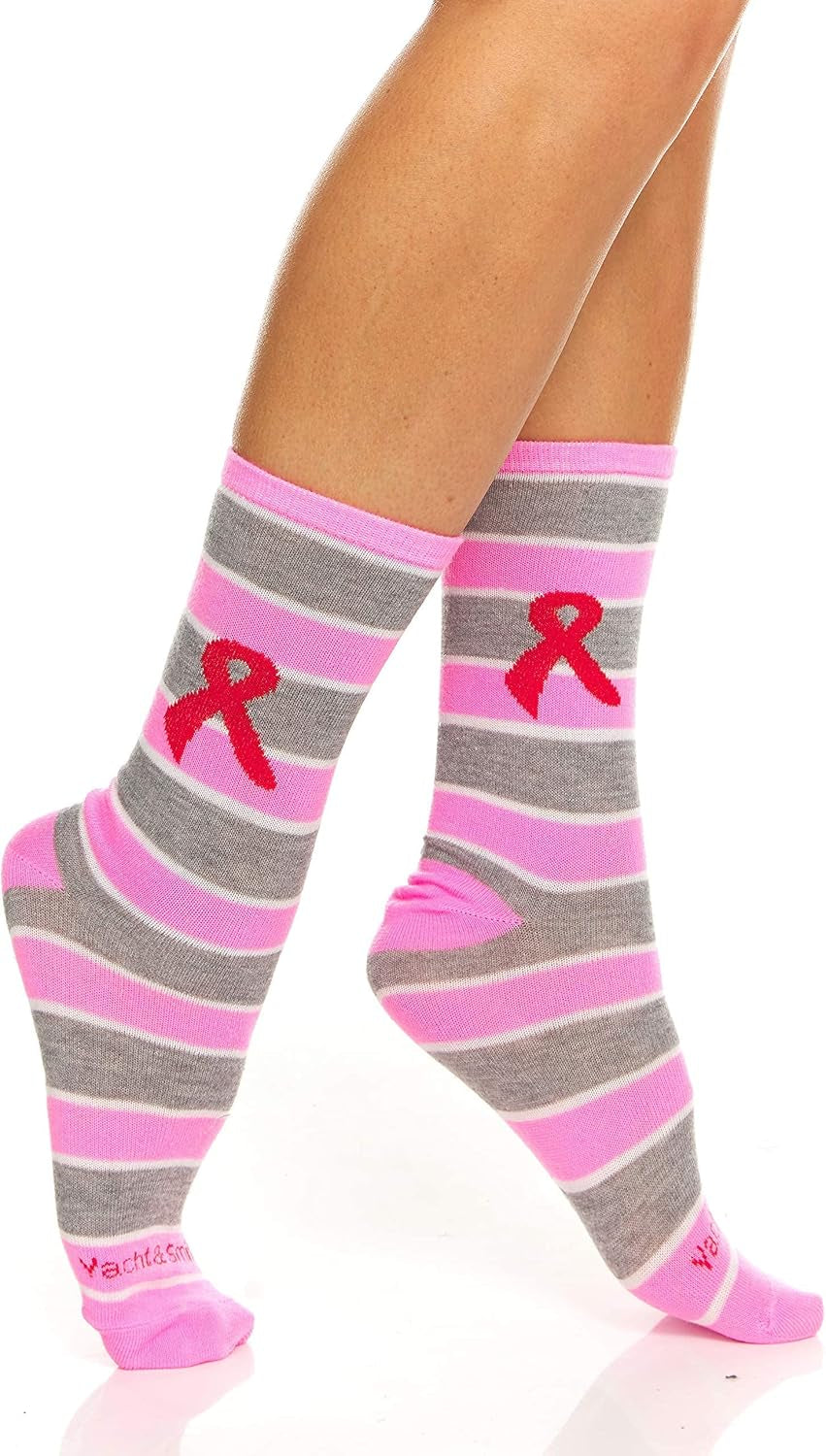 12 Pack Pink Ribbon Breast Cancer Awareness Ankle/Crew Socks for Women