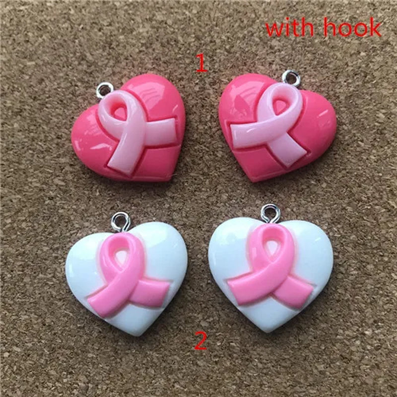 20Pcs/Lot 23Mm*20Mm Resin Fatback Heart with Breast Cancer Ribbon Hope Accessories Jewelry Diy Necklace/Bracel