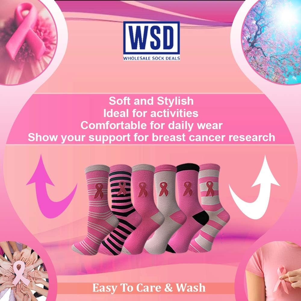 60 Pairs of Pink Ribbon Breast Cancer Awareness Ankle/Crew Socks for Women