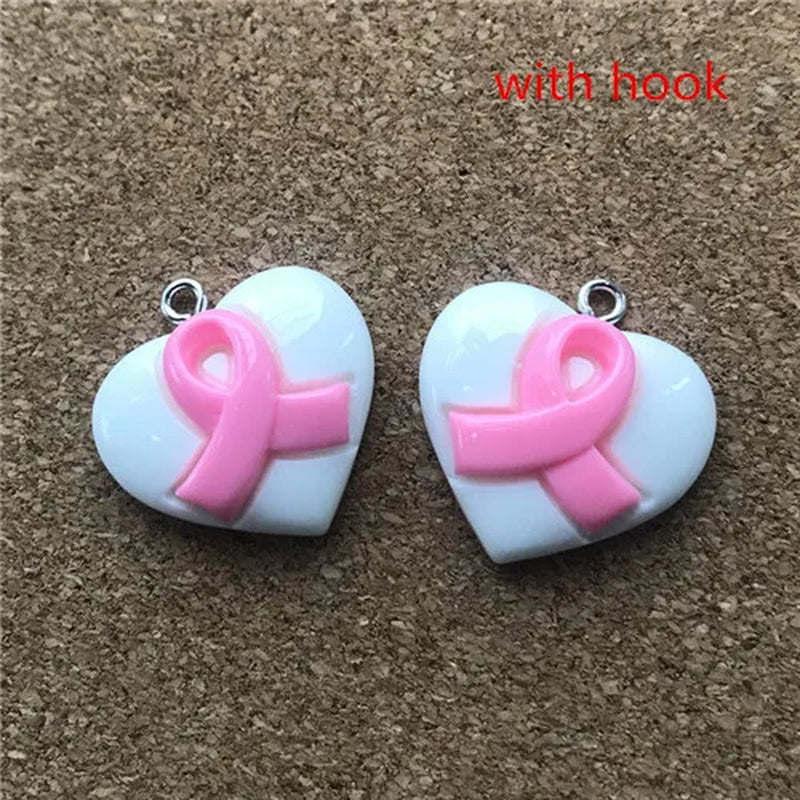 20Pcs/Lot 23Mm*20Mm Resin Fatback Heart with Breast Cancer Ribbon Hope Accessories Jewelry Diy Necklace/Bracel