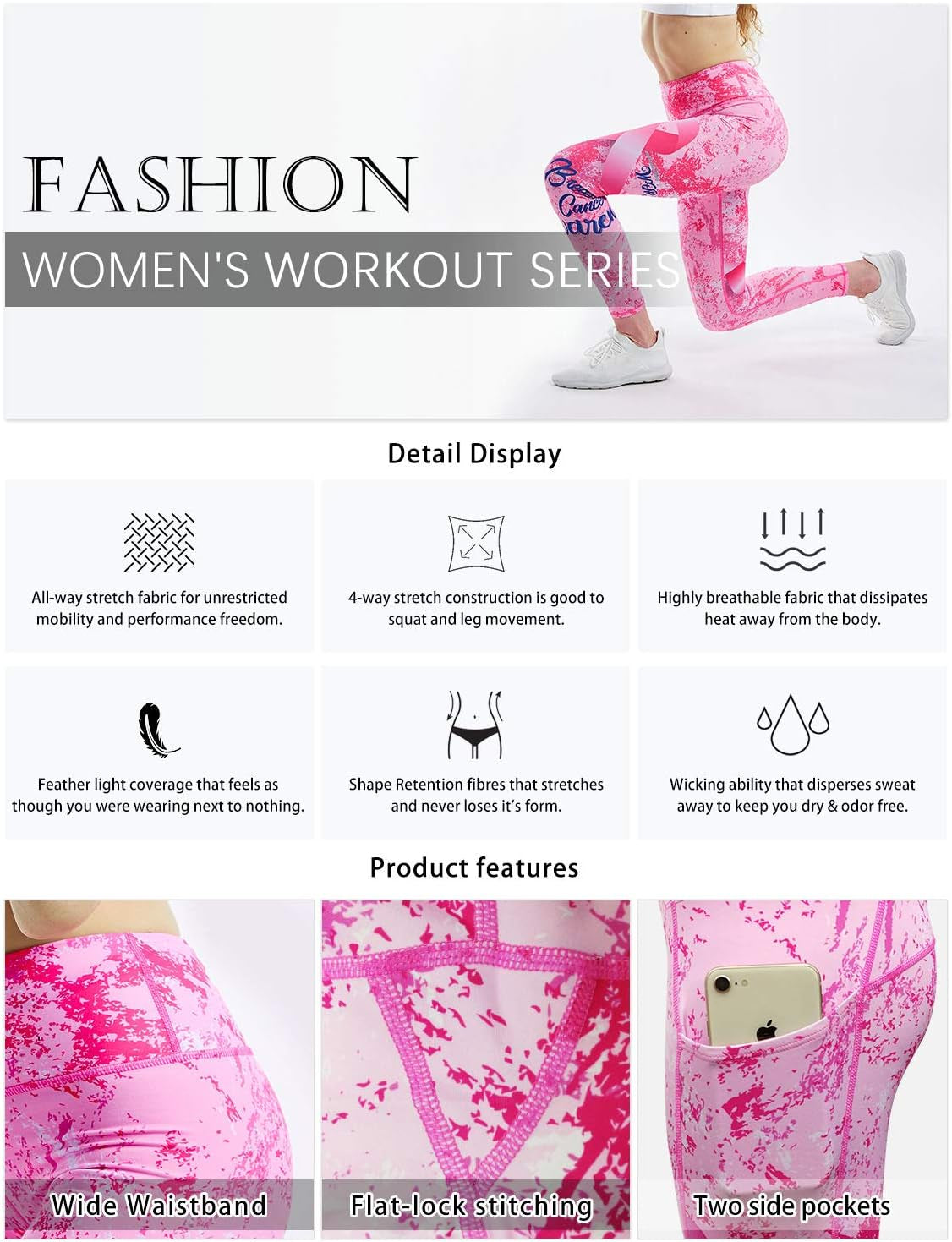 Women Leggings Breast Cancer Awareness Yoga Pants Pink Ribbon Tights with Side Pockets