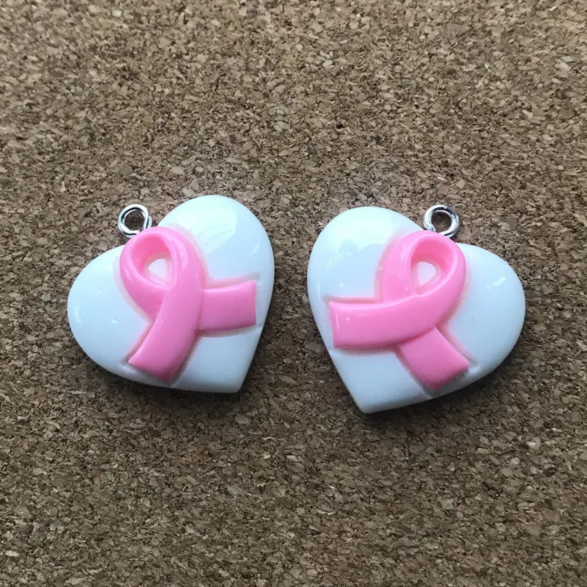 20Pcs/Lot 23Mm*20Mm Resin Fatback Heart with Breast Cancer Ribbon Hope Accessories Jewelry Diy Necklace/Bracel