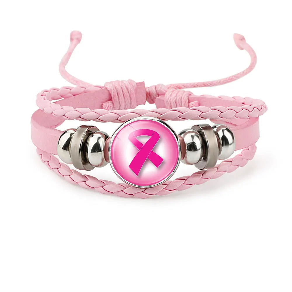 Breast Cancer Awareness Hope Bracelet for Women Pink Ribbon Charm Braided Leather Rope Wrap Bangle Fashion Handmade Jewelry