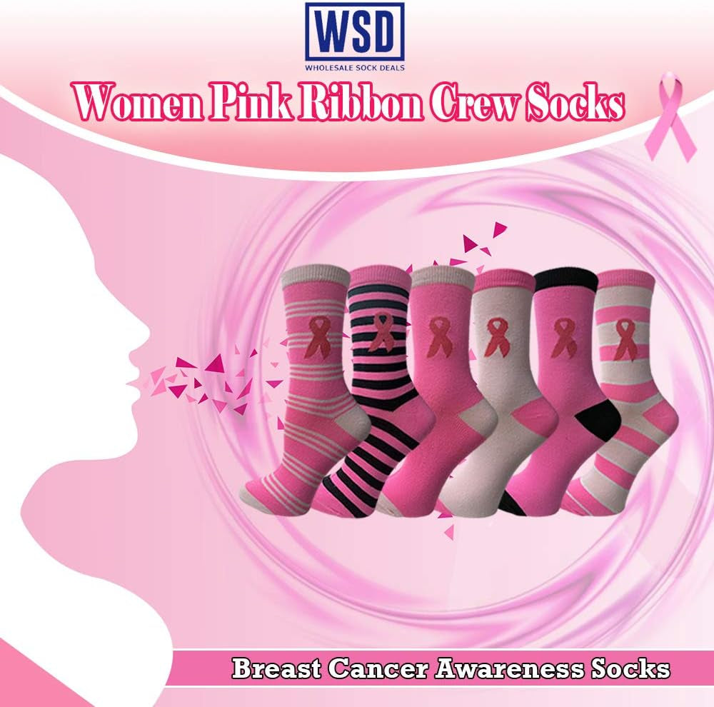 60 Pairs of Pink Ribbon Breast Cancer Awareness Ankle/Crew Socks for Women