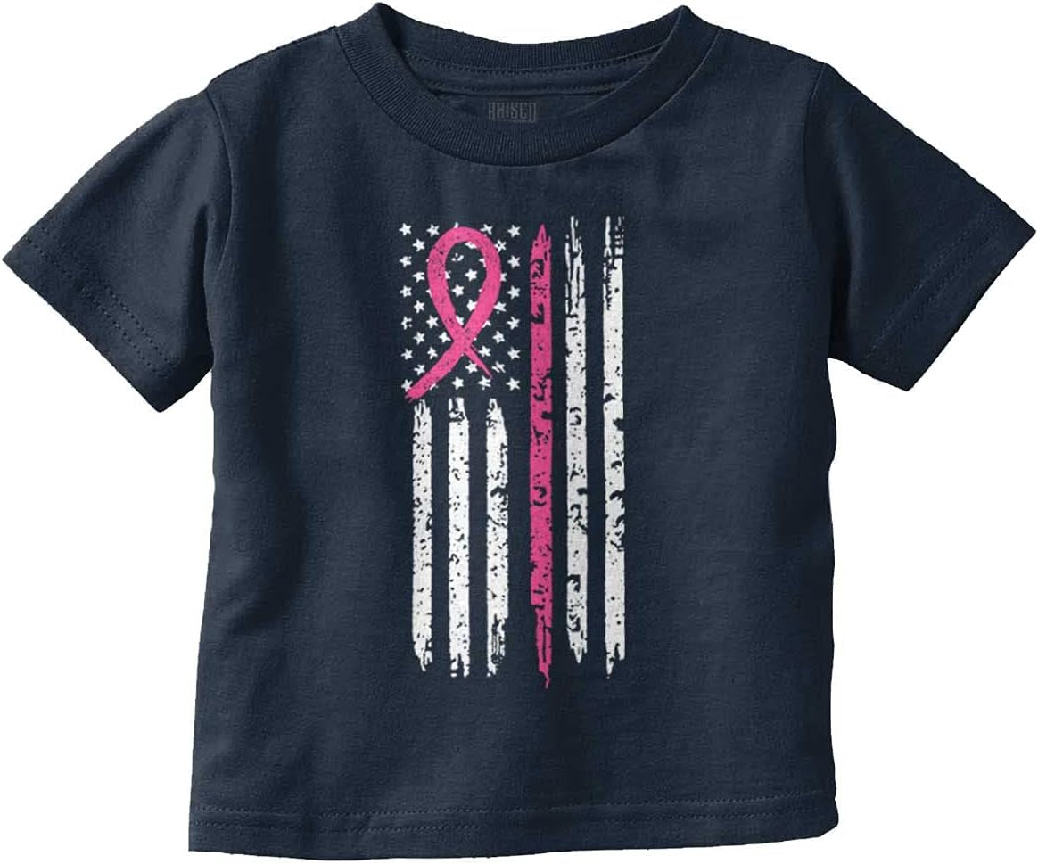 Breast Cancer Pink Line American Flag Toddler Boy Girl T Shirt