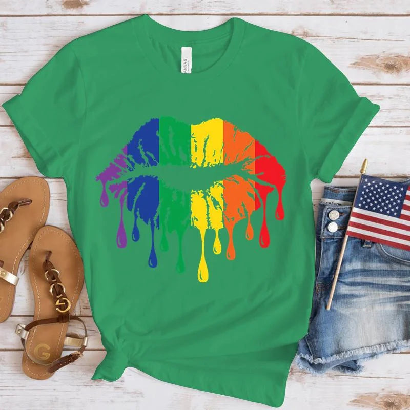 Funny Lgbt Pride Rainbow Lips Print T-Shirt Summer Casual Graphic T Shirt Women Men Short Sleeve round Neck Shirts
