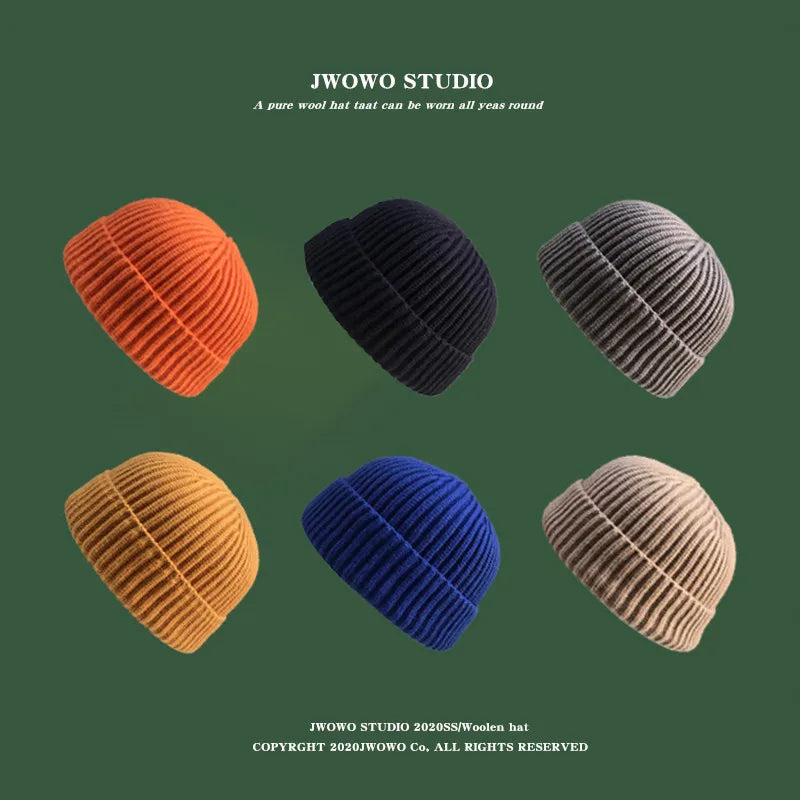 Autumn Winter Short Warm Melon Hat Men Knitted round Top Brimless Cold Hat Women Street Hip-Hop Wool Beanie
