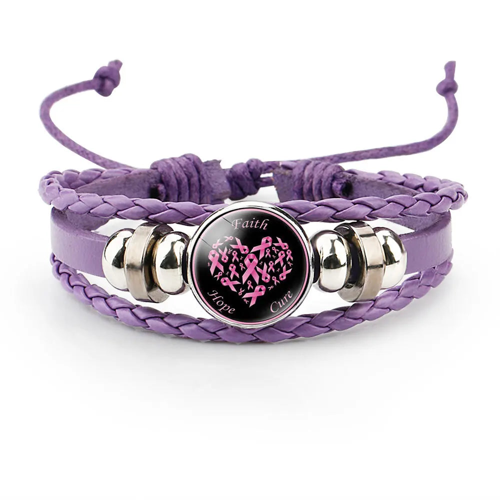 Breast Cancer Awareness Hope Bracelet for Women Pink Ribbon Charm Braided Leather Rope Wrap Bangle Fashion Handmade Jewelry