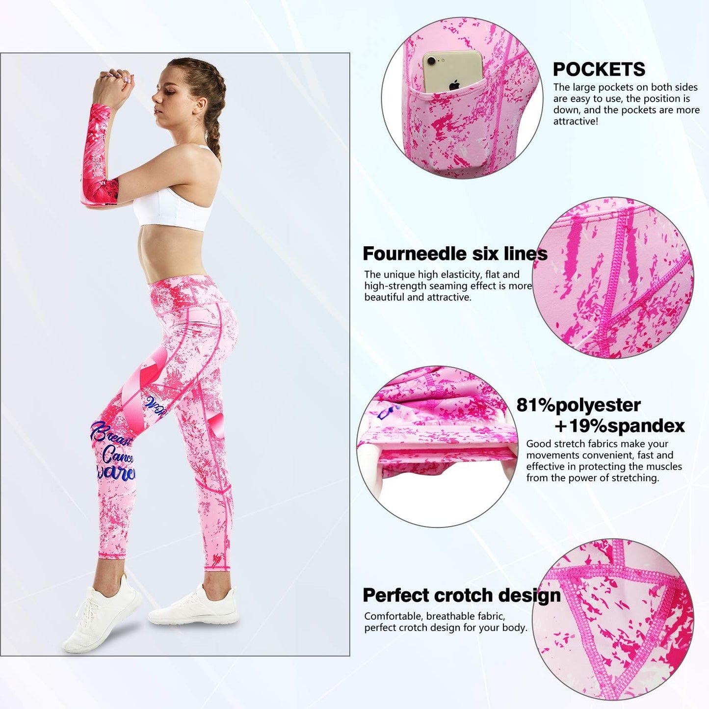 Women Leggings Breast Cancer Awareness Yoga Pants Pink Ribbon Tights with Side Pockets