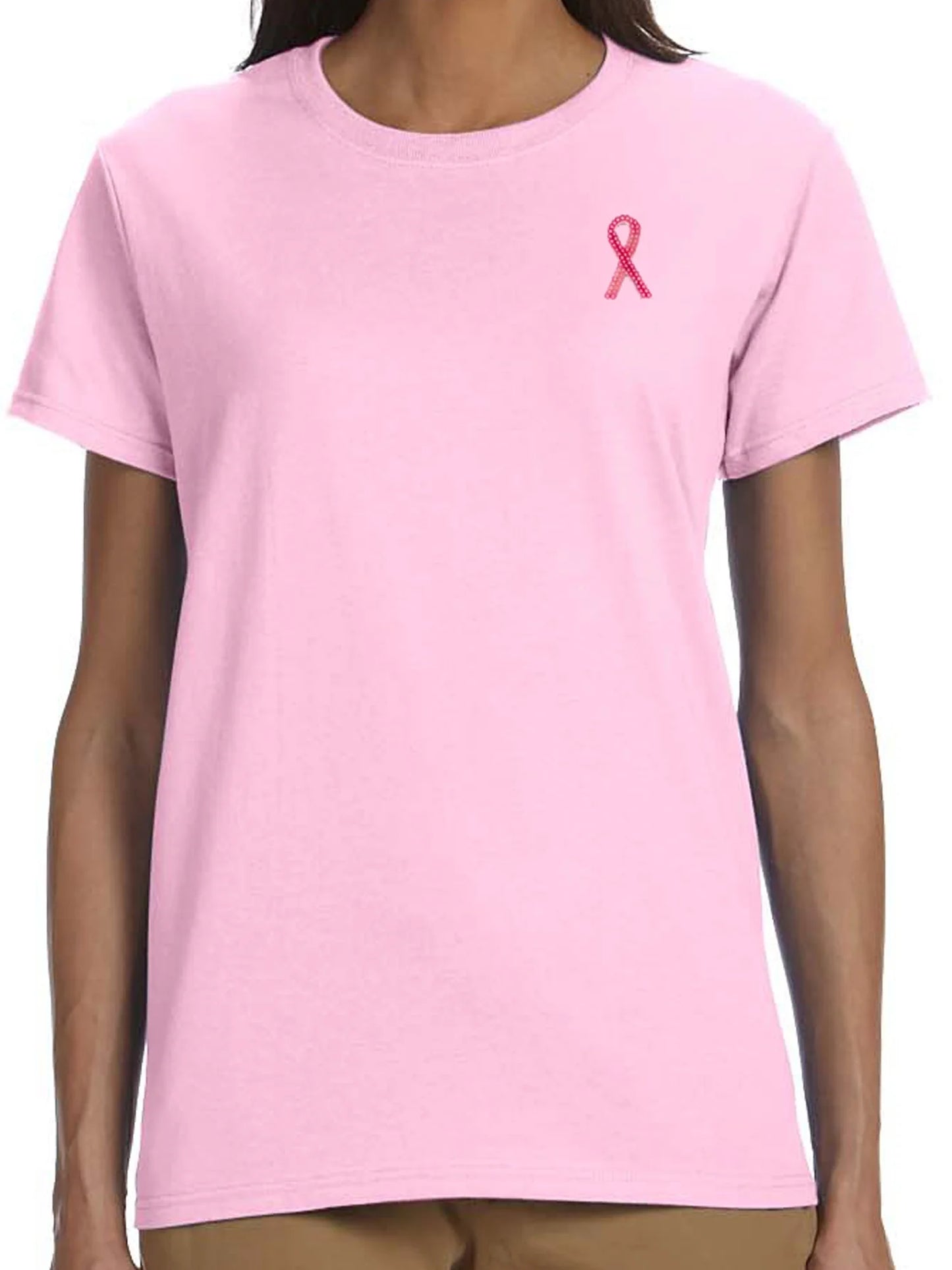 Womens Breast Cancer Sequin Ribbon Cotton Tee - Light Pink, Extra Small