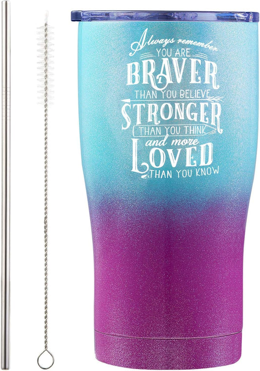 Inspirational Tumbler for Best Friend, Graduate, Retirement, or Cancer Survivor. Always Remember You Are Braver than You Believe, Stronger and More Loved than You Know (Purple Green Glitter, 20 Oz)