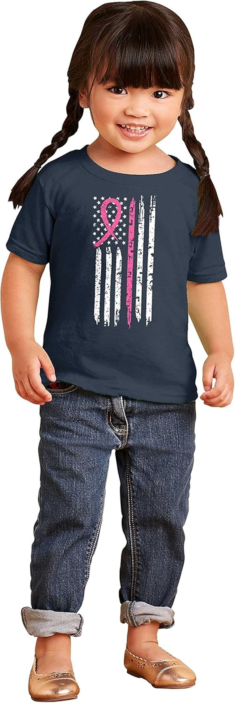 Breast Cancer Pink Line American Flag Toddler Boy Girl T Shirt